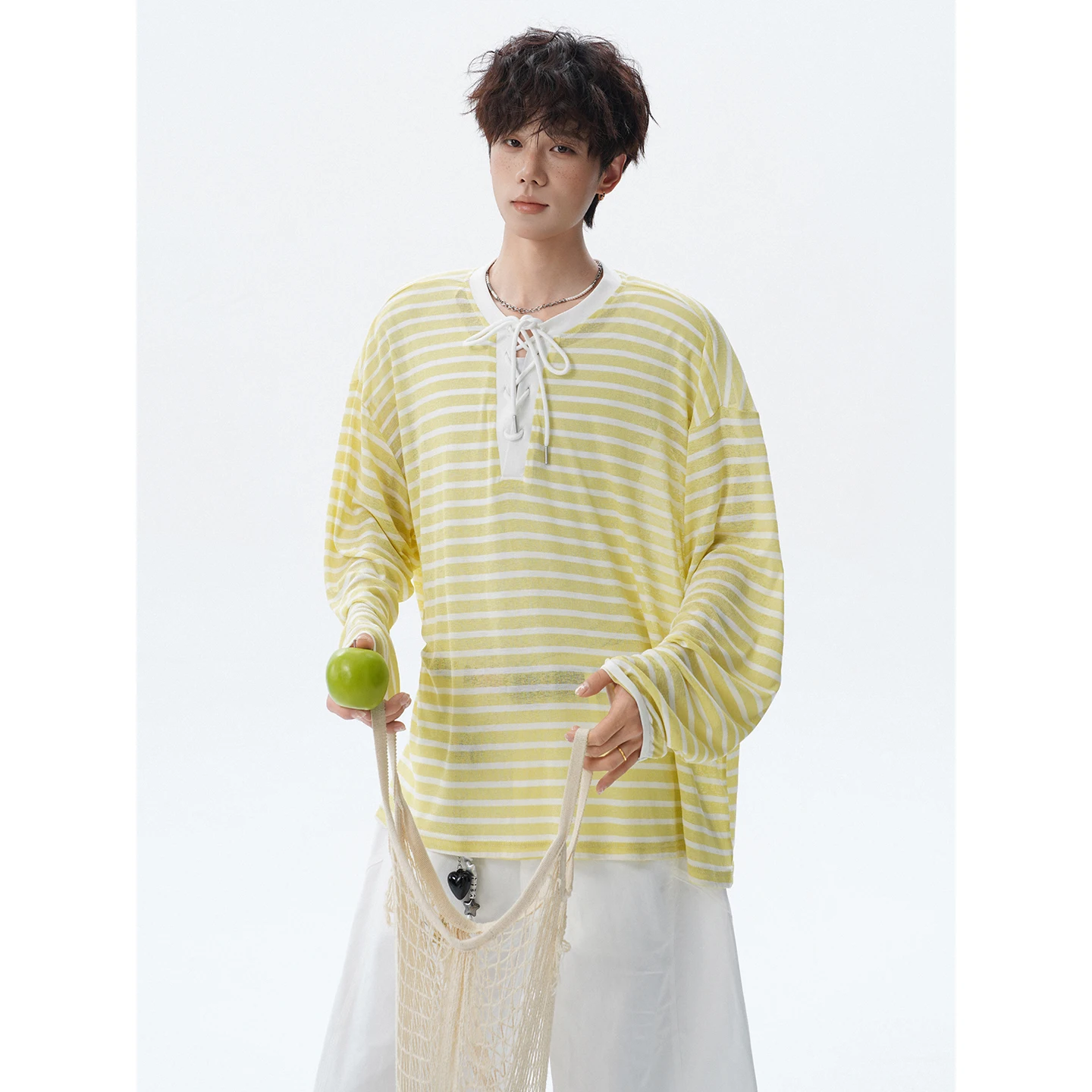 French Sailor Striped Tie Front V Neck Long Sleeve T-Shirt Lightweight Sheer UV Protection Loose Fitting Casual Summer Style