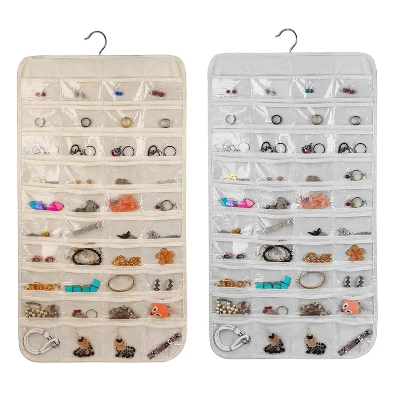 

80 Grids Double-Sided Jewelry Hanging Storage Bag Business Membership Card Organizer Sundries Necklace Earrings Storage Pocket