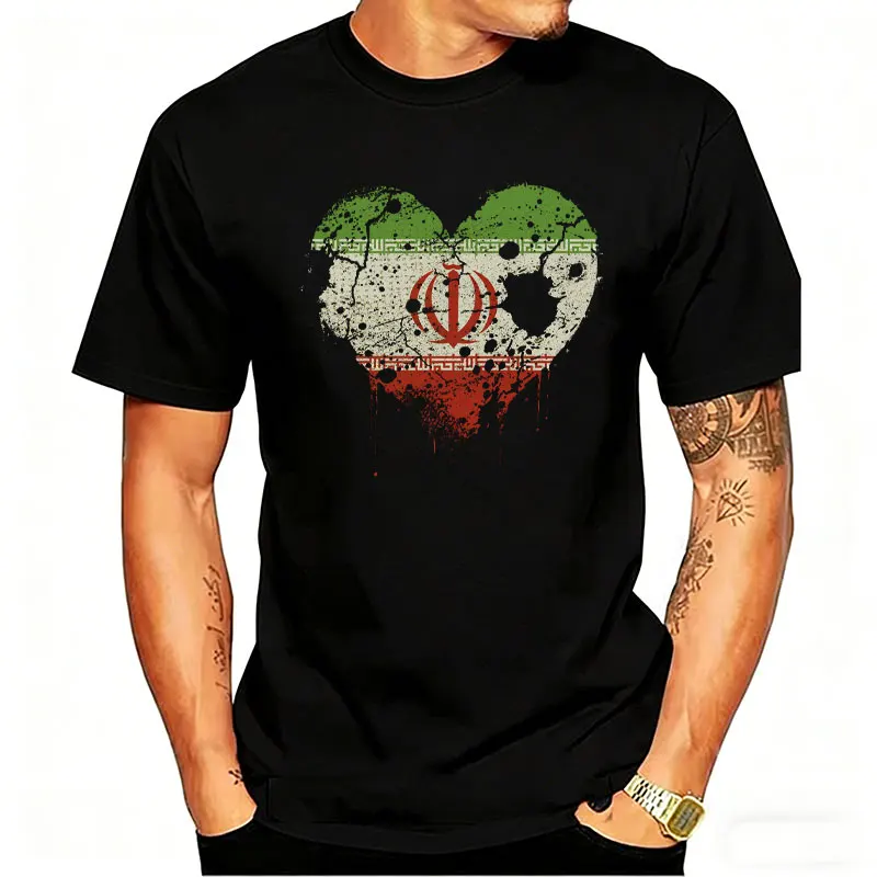 

Summer Unisex I Love Iran Heart Flag Cotton T-Shirt Distressed Iranian National Emblem Graphic Tee Patriotic Iranian Supporters