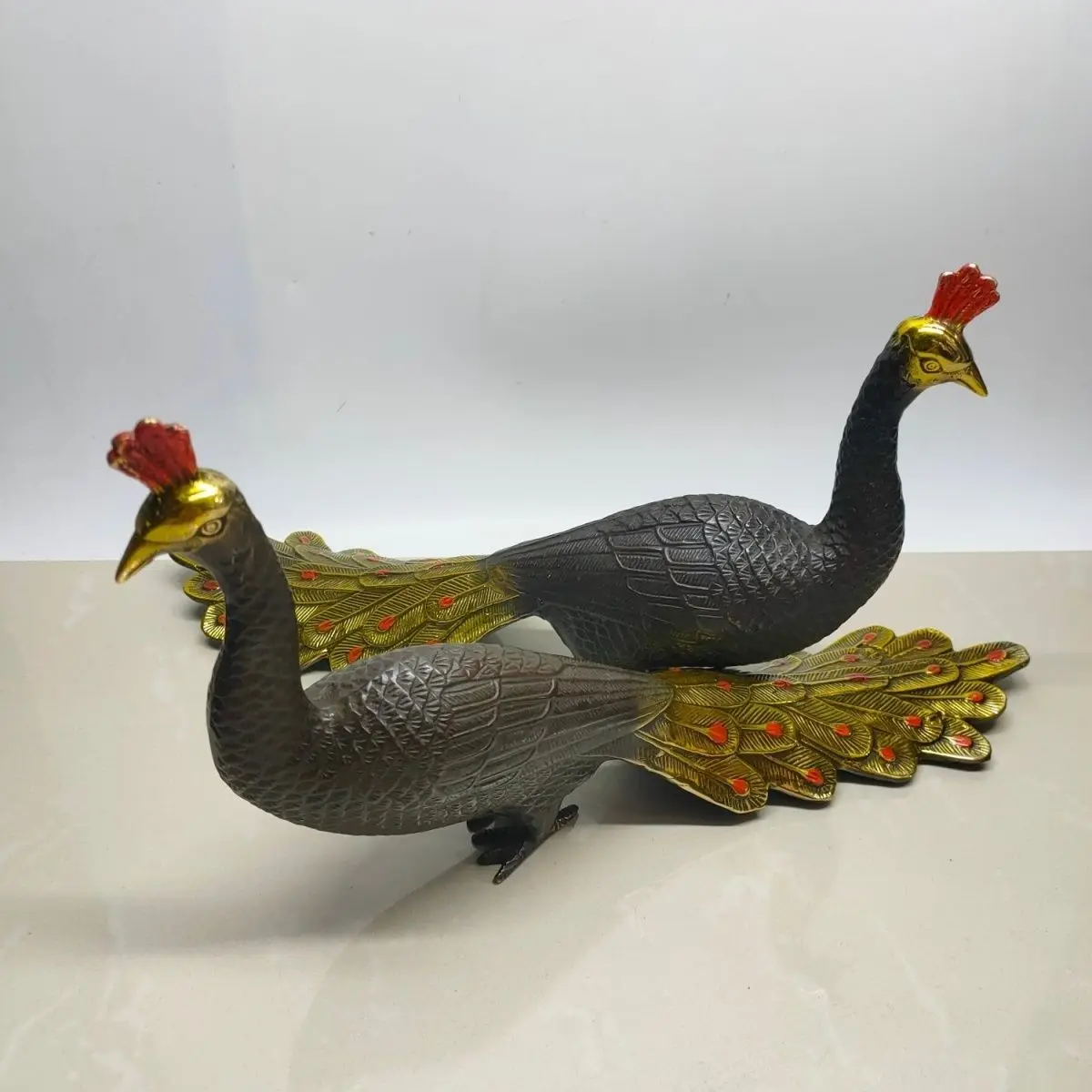 Pair of Gilt Red Copper Peacock Ornaments, King of Birds, Symbolizing Flying Side by Side