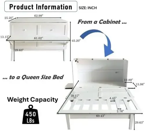 Murphy Bed Queen with Desk & USB Port,Murphy  Cabinet Bed Removable Shelves,Queen Murphy Chest Murphy Bedframe