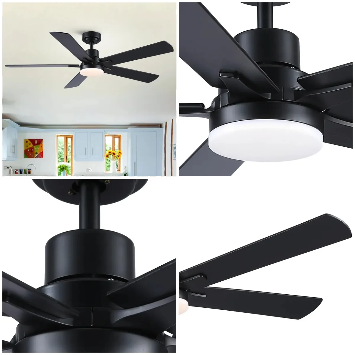 

52 дюйма Встроенный светодиодный фермерский дом в помещении/на открытом воздухе, черный умный потолочный вентилятор с дистанционным управлением