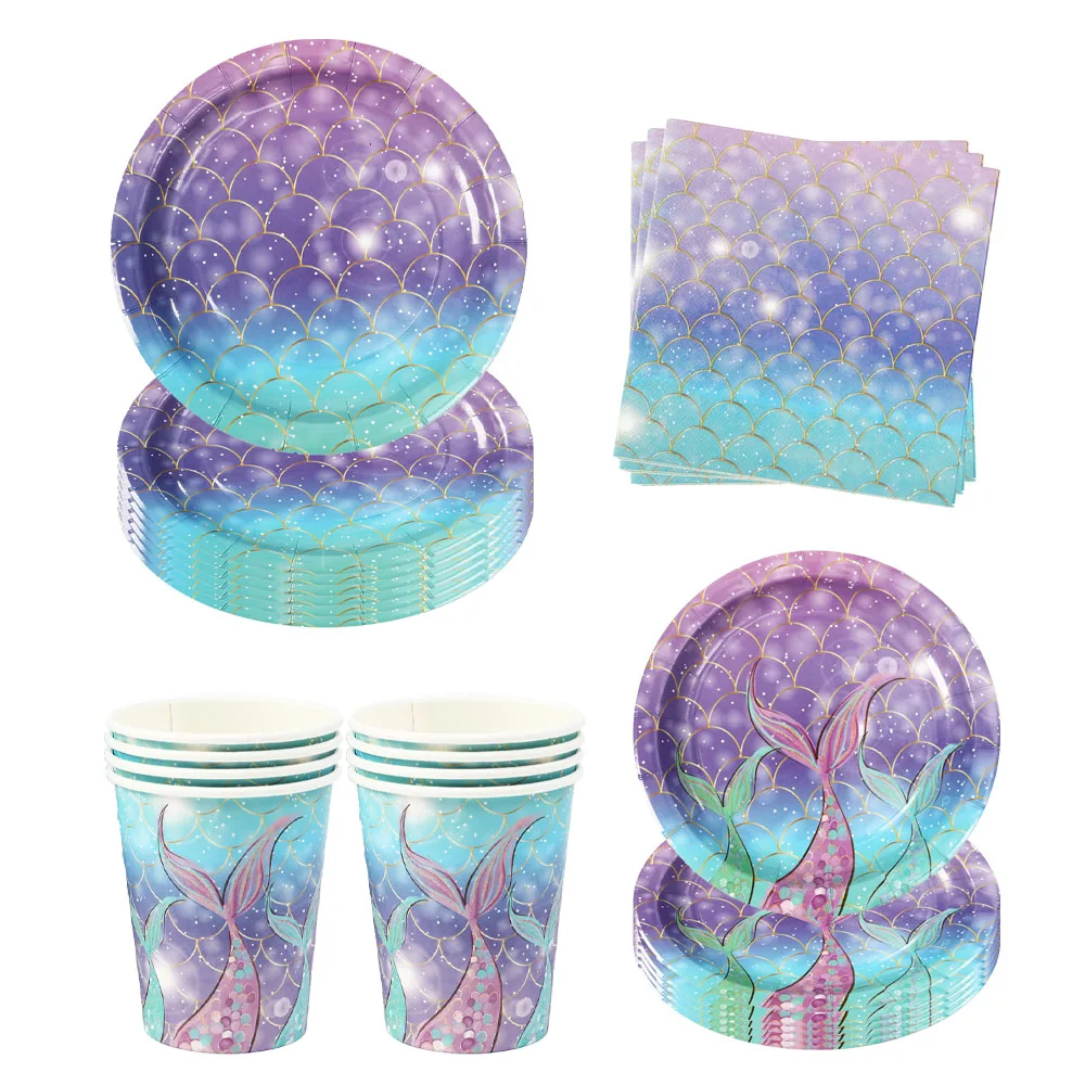 Zeemeermin Verjaardag Decoraties Meisje Wegwerp Papieren Borden Kopjes Servetten Plastic Rietjes Baby Douche Bruiloft Feestartikelen