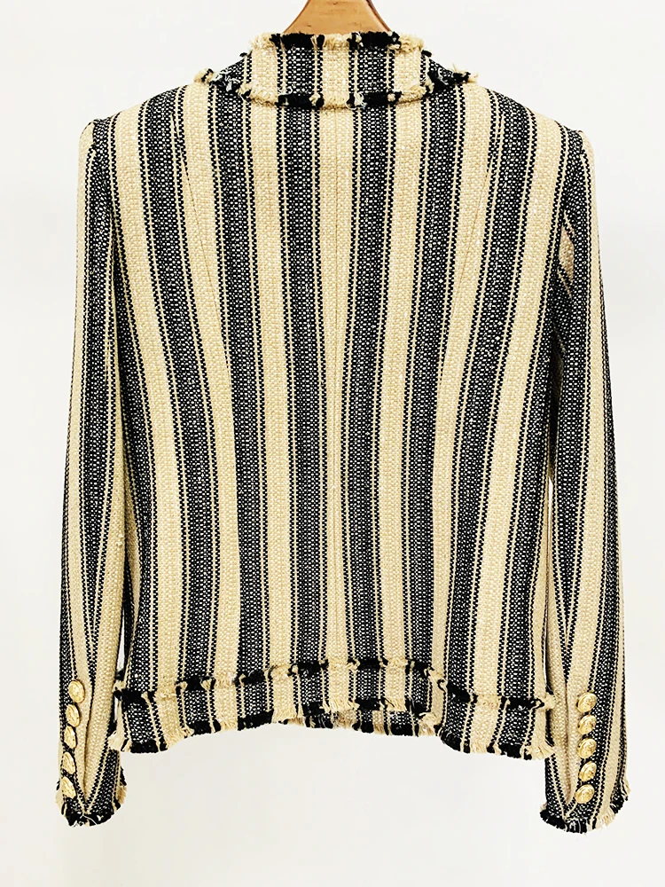 HIGH STREET Newest 2024 A/W Designer Outerwear Women's Elegant Yellow Black Striped Tassel Fringed Tweed Jacket