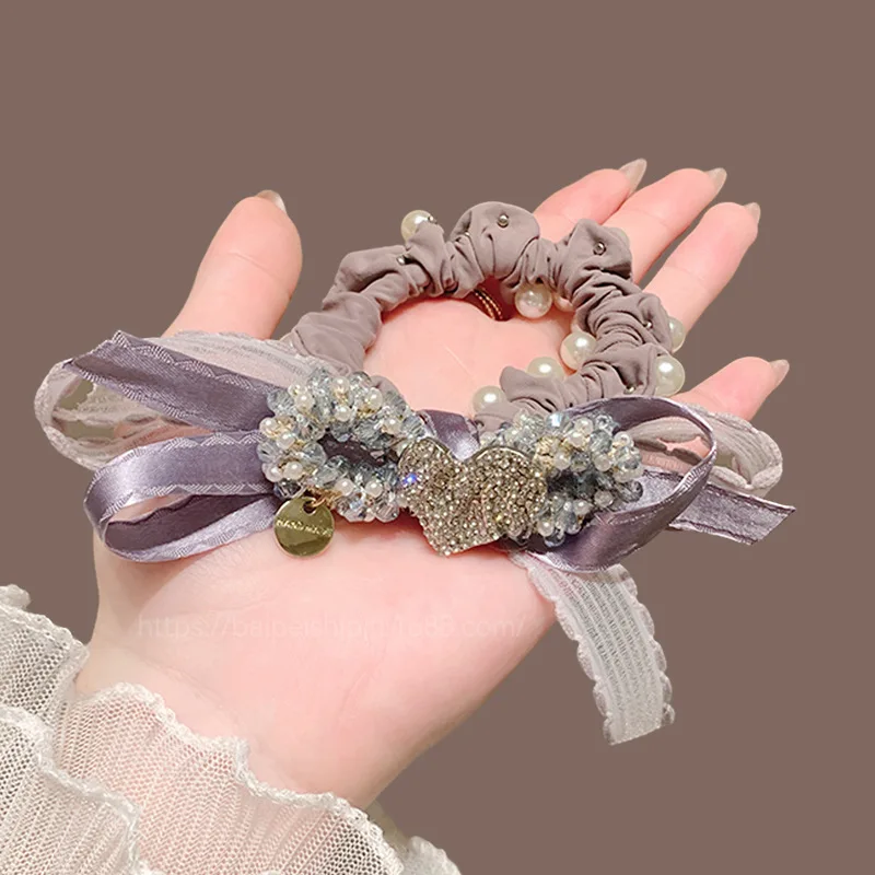 

Корейские элитные резинки для волос с бантом, легкие люксовые резинки с жемчугом в форме сердца для женщин, вирусные эластичные резинки для хвоста