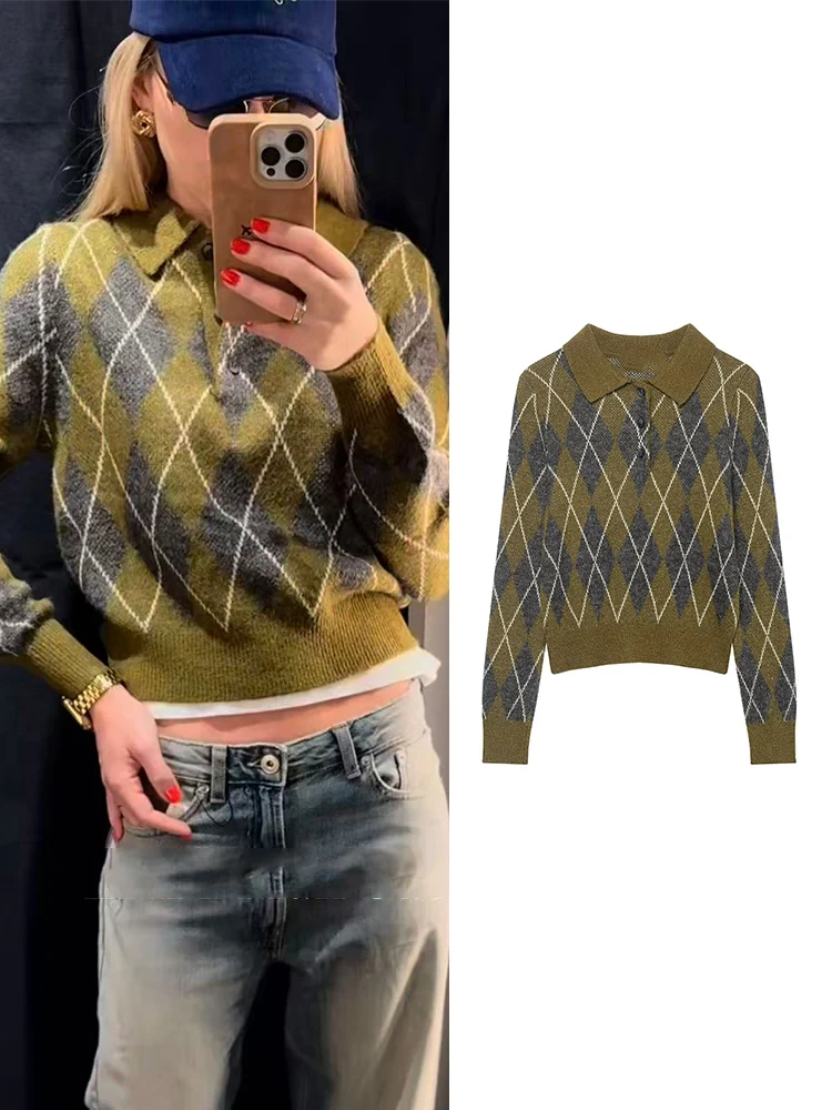 

Женские винтажные вязаные топы в клетку Argyle, повседневный пуловер с воротником-поло, свитер, осенний новый женский классический модный трикотаж