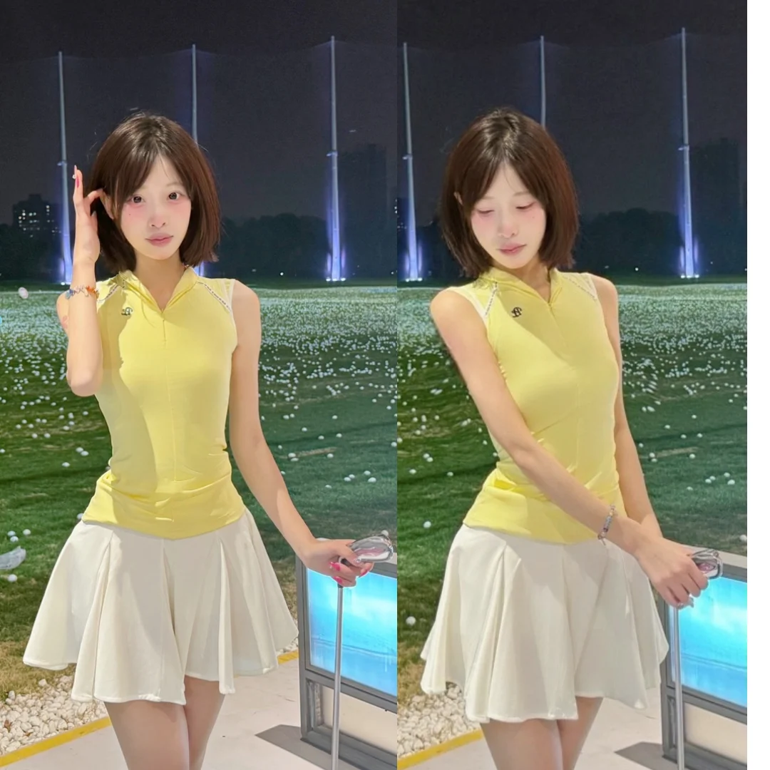 Yellow golf suit women's summer Korean version golf short sleeved women's quick drying breathable golf skirt set women's tennis