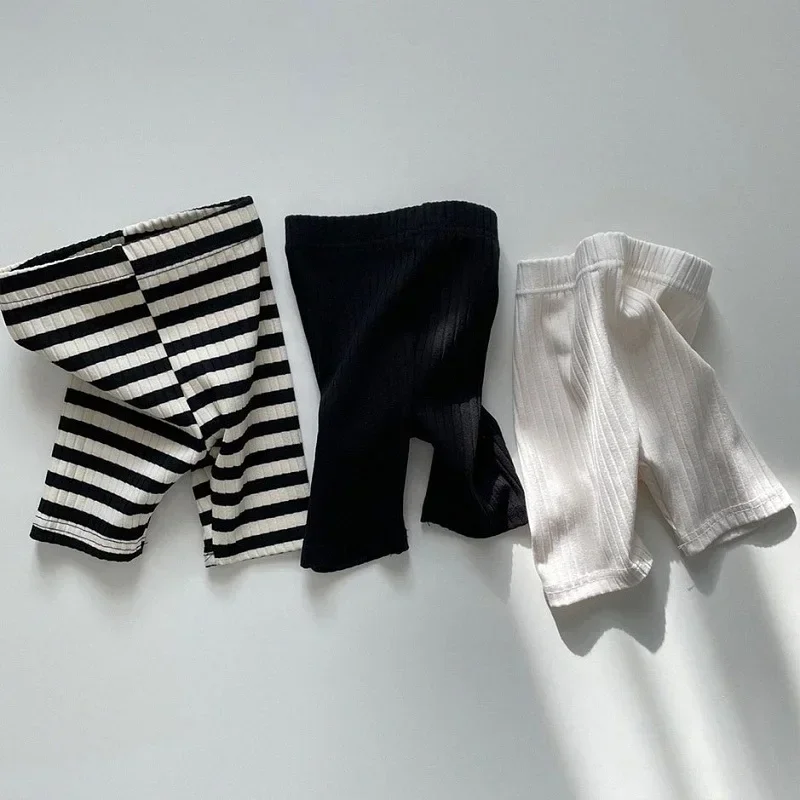 Spring Autumn Girls Middle Pants 0-6 Year Cotton Striped Children's Shorts Solid Color Casual Baby High Elastic Pants