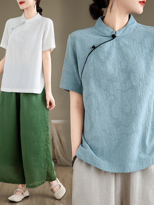 

Ретро-блузка из хлопка и льна с вышивкой, летняя, на пуговицах, женская, для повседневной носки, прямого кроя...