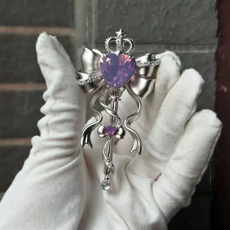 Magical Girl with High Beauty Bow Ribbon Scepter Brooch Luxurious Sparkling Diamond Summer Sweet Chest Flower Jewelry Accessory