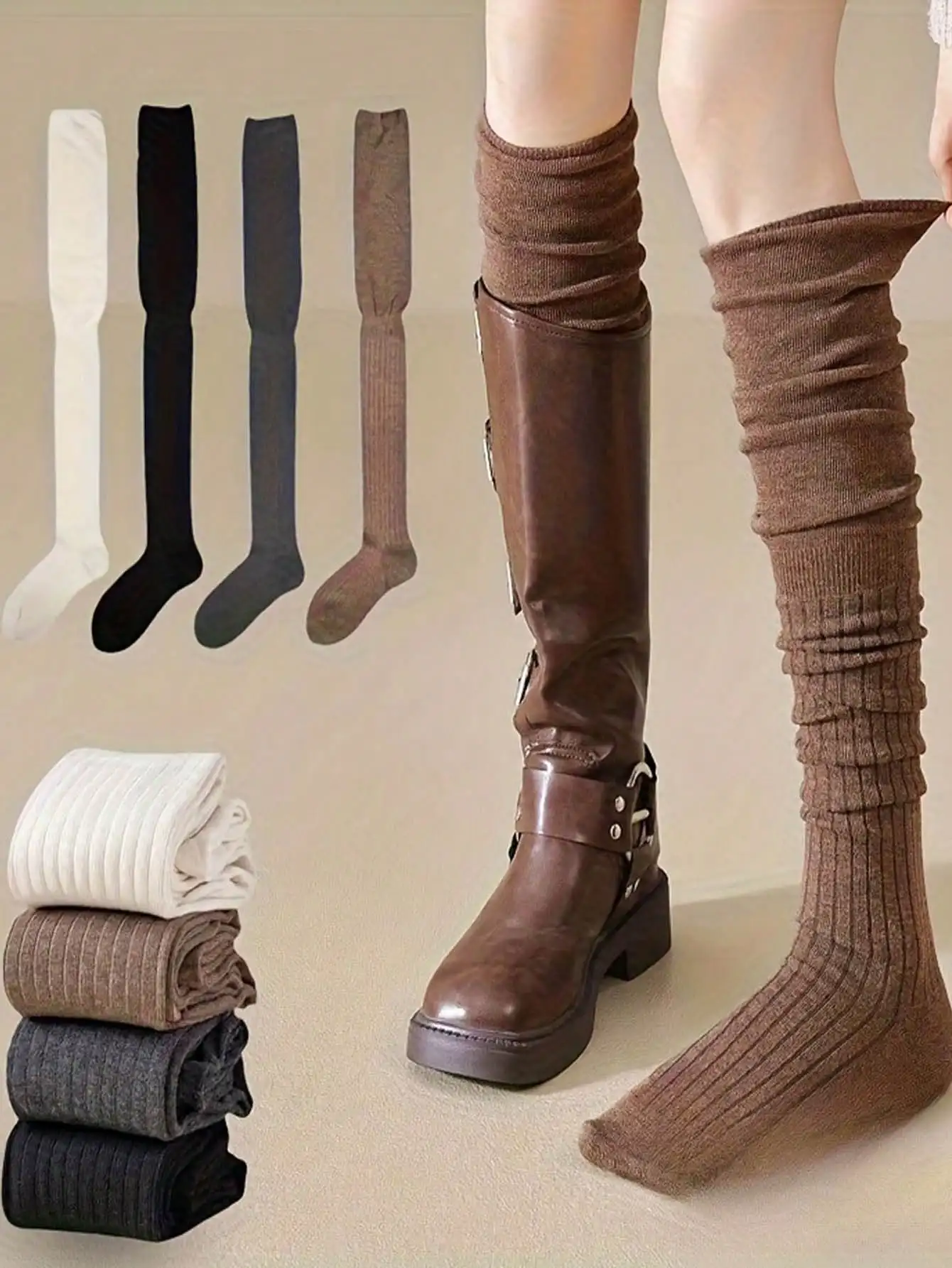 

1 Pairs Women's Thigh High Socks, High Stretch Thin Over-The-Knee Socks, Solid Color Patchwork Design, Machine Washable & Dry Cleanable, Versatile & Fashionable, Novel & Unique, Versatile Clothing Accessory, Fashionable Design, Made Of High Elastic Fabric