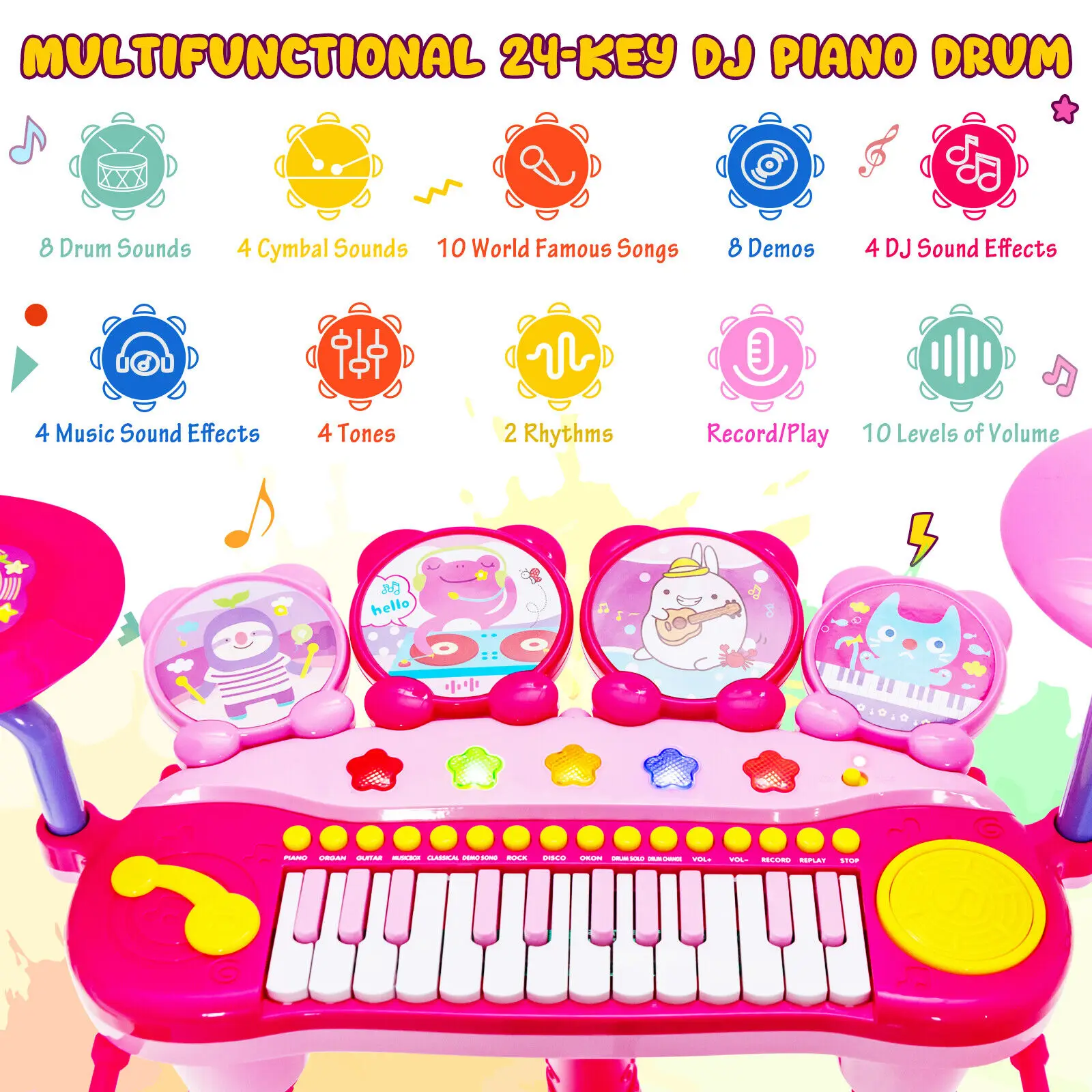 Babyjoy 24 Phím DJ Bàn Phím Piano Trống Đồ Chơi Nhạc Cụ W/MP3 Micro Kiêm La Bàn Màu Hồng