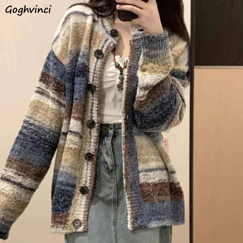 

Cardigan Women Panelled Ins American Vintage Lazy Style Autumn Winter Loose Fit Knitted Sweaters Streetwear Cozy Students Y2k