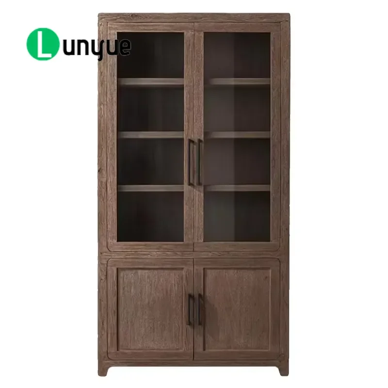 American Solid Wood Oak Bookcase Double Door Glass Display Cabinet Retro Storage for Living Room Home Office Restaurant