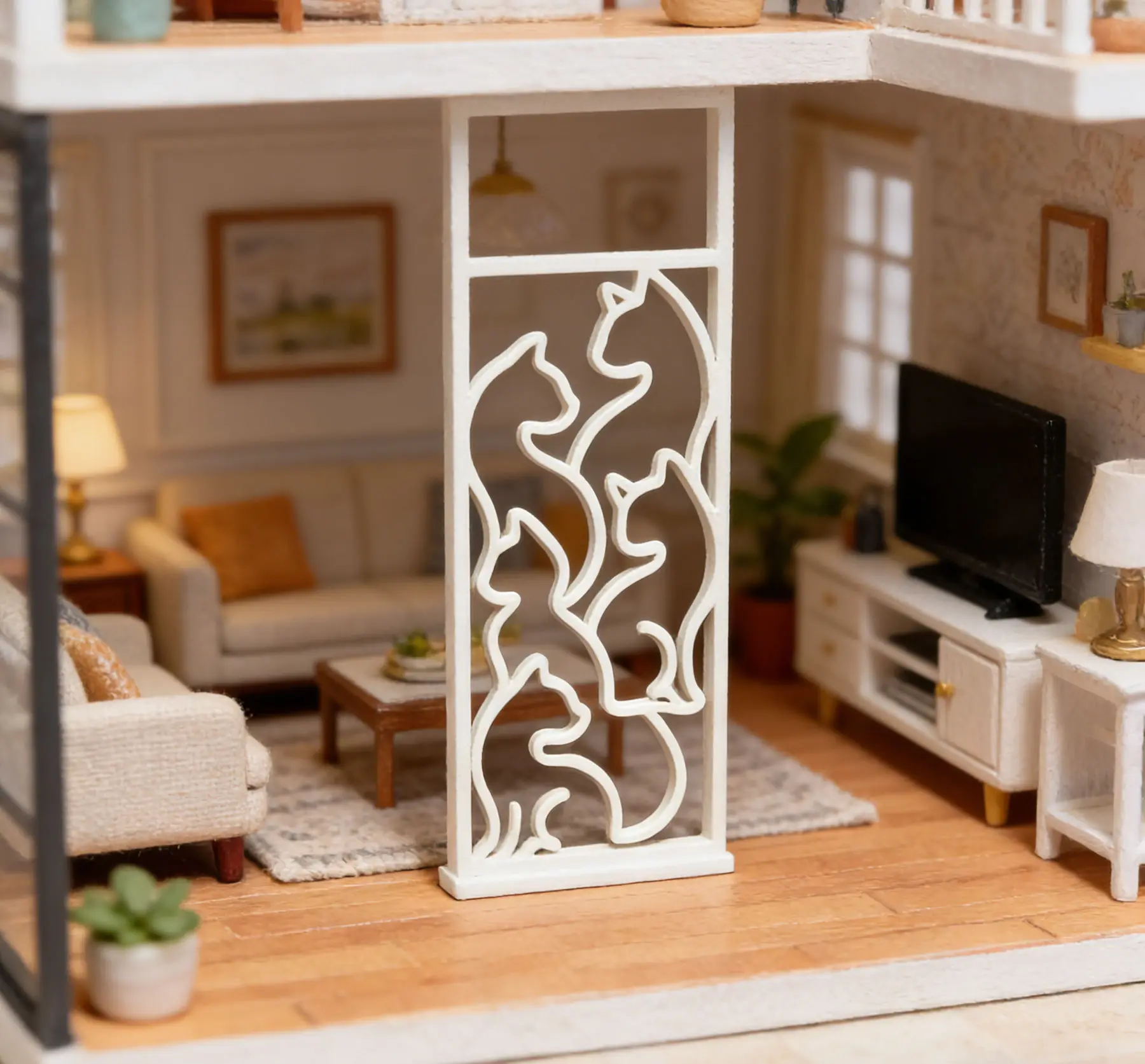 Miniature Cat Silhouette Room Divider, 1/12 Scale Dollhouse Screen Partition, for BJD Scene, Photography Prop & Home Decor