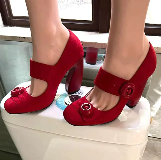 

Bright Red Rose Suede Button Thick Belt Pumps Strange 9 cm Chunky High Heels Rhinestone Round Toe Woman Mary Jane Wedding Shoes