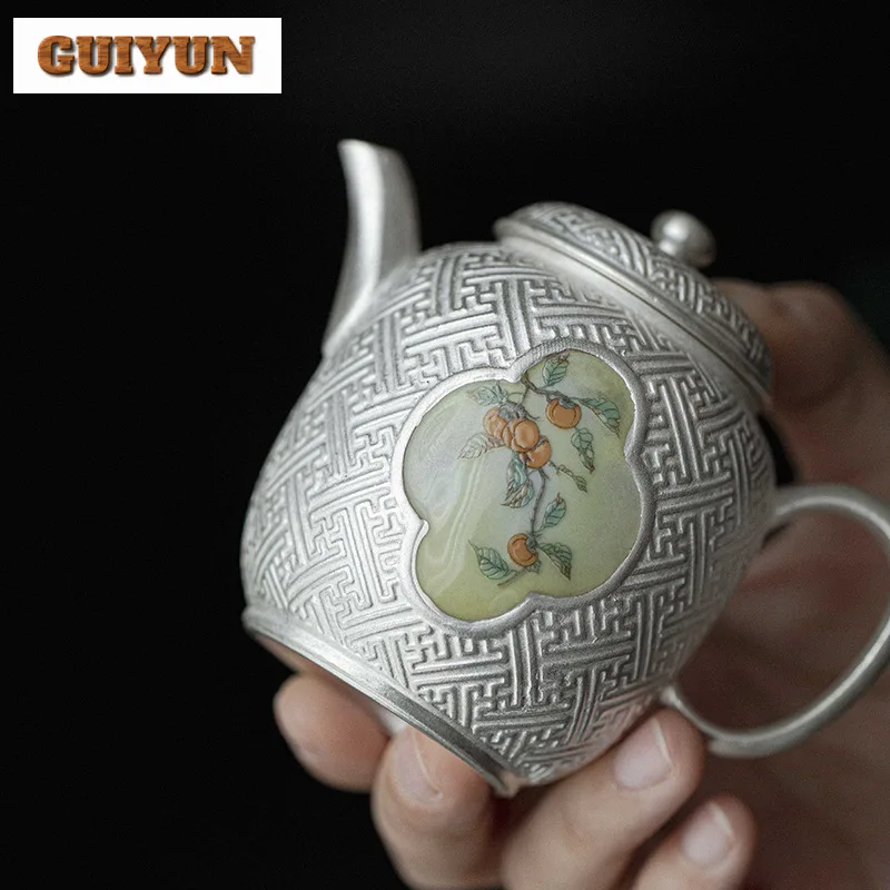 160ml Handmade 999 Sterling Silver Gilded Teapot Creative Window Persimmon Pot Tea Brewing Kettle Teaware Accessories Craft Gift