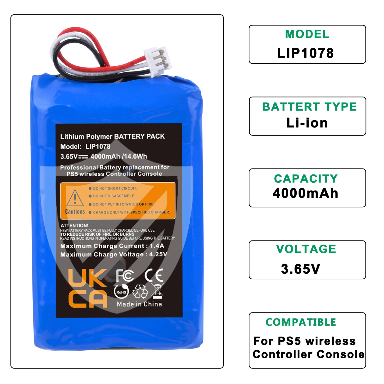 Bateria-PS5 컨트롤러 대용량 배터리 4000mAH, 플레이스테이션 5 게임패드