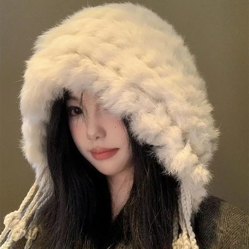 Плюшевая шапка-балаклава из искусственного кроличьего меха, вязаная шапка, теплая шапка с кисточками на шнурке, уличная ветрозащитная шапка-ушанка, зимняя холодная шапка