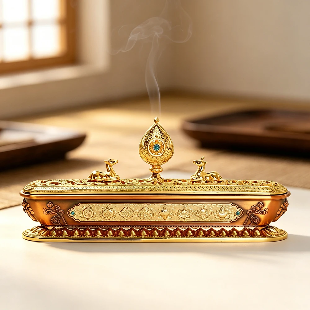 Tibetan Ashtamangala Incense Burner, Nepalese Double‑Deer Incense Holder, Alloy Rectangular Incense Box for Stick Incense