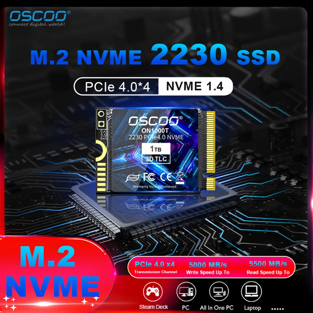 OSCOO-SSD M.2 2230 para Steam Deck NVMe PCIe4.0, 512gb, 1TB, con alta velocidad de hasta 5200 MB/s, clave M, TLC, especial para reproductor de juegos