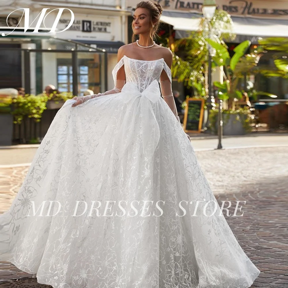 

MD 2025 Modern A-line White Wedding Dress Lace Big Bow Scoop Off Shoulder Bride Gowns Floor-Length vestidos de novia Customized