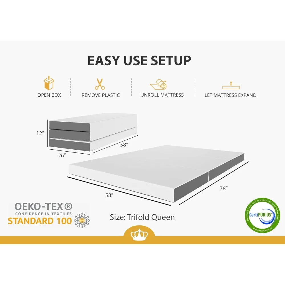 Foldable Mattress Bed Gel Memory Foam, Trifold Mattress 4 Inch, Portable Topper & Washable Cover, Sofa, Couch, Guests, Camping,