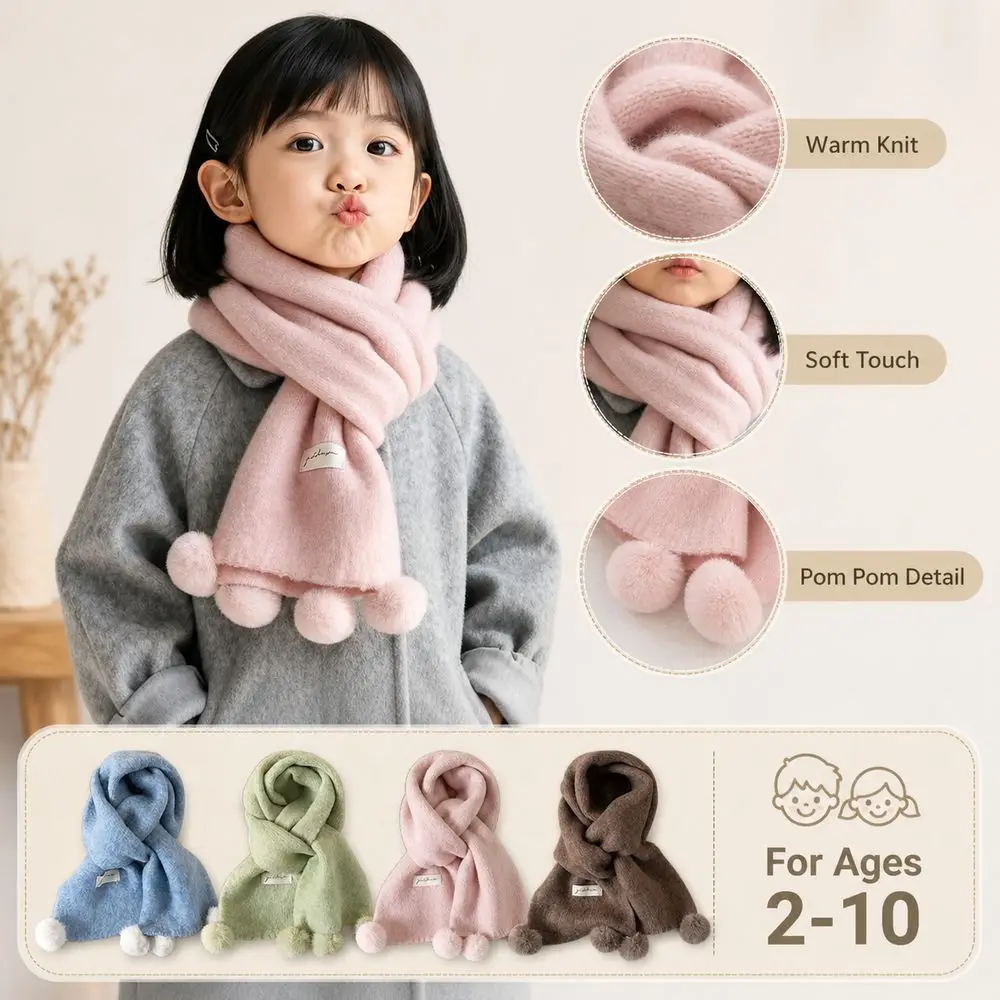 Gifts Knitted Pom Pom Scarf Solid Pom Pom Detail Children Knitted Scarf Warm Winter Scarf Boys and Girls