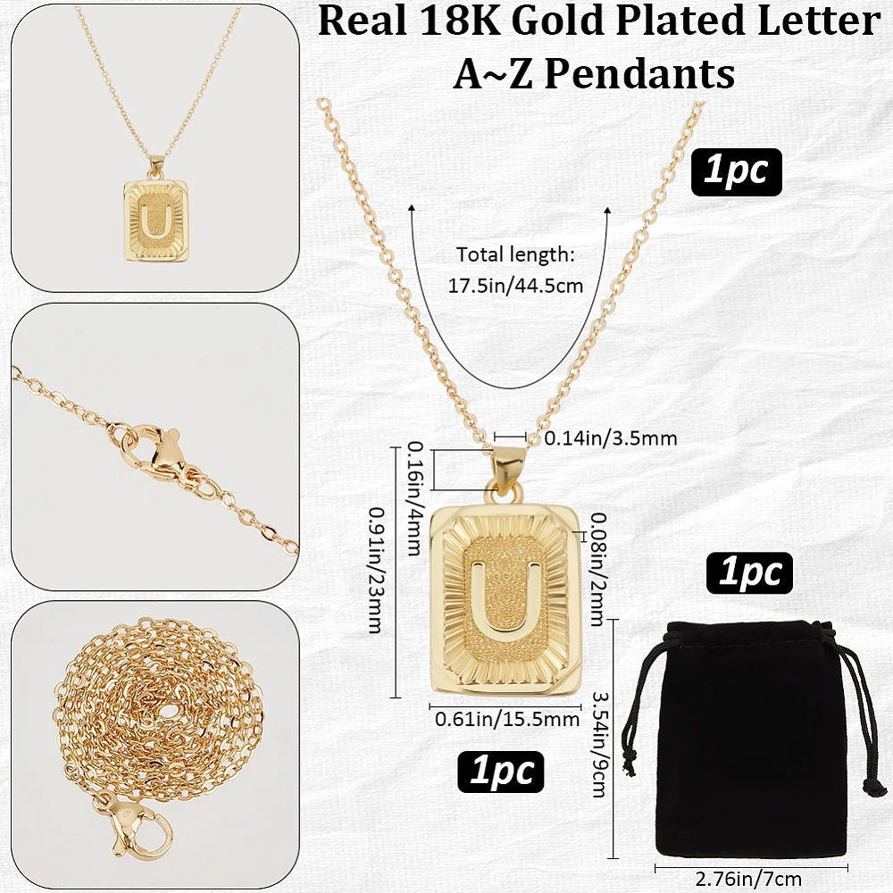 1 Box 1Pc Initial Necklace for Women 18K Gold Plated Brass Letter U with Rectangle Velvet Pouches
