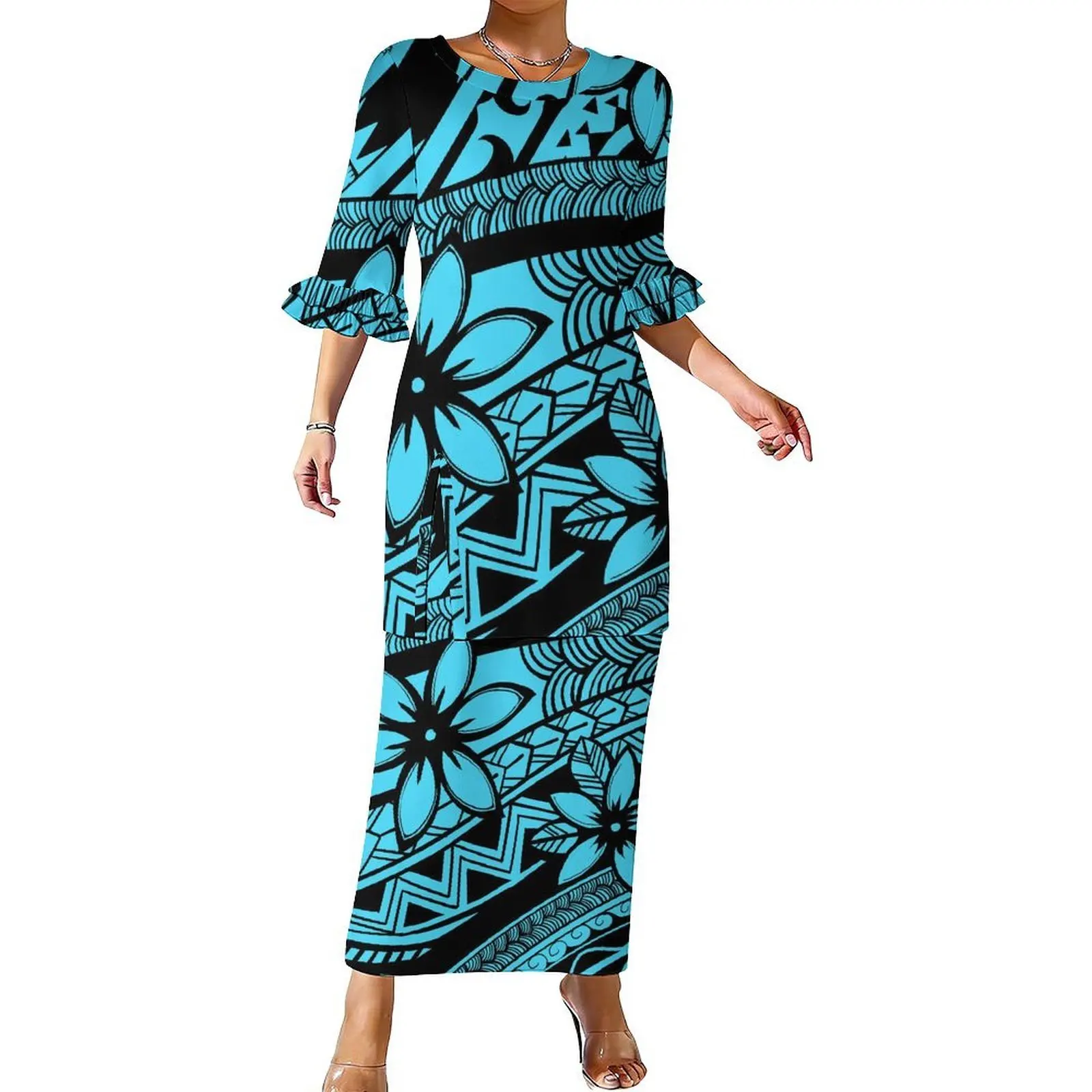 

Fashionable Design Polynesian Custom-Made Wholesale Women'S Puletasi Double-Layer Ruffled Sleeve Set Skirt Elegant Dress