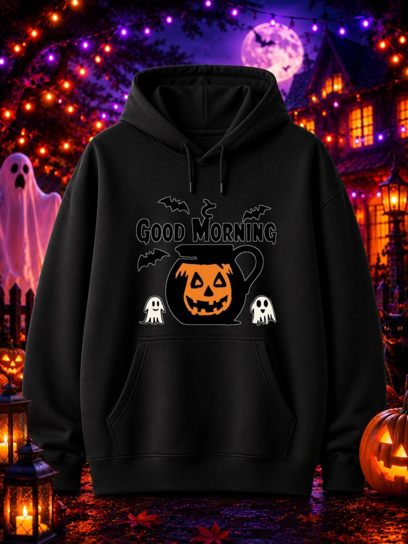 Halloween Men's Sweatshirt with a Black Background, a Decorative Lantern in the Middle, and Two Cute Smiling Little Ghosts on Both Sides
