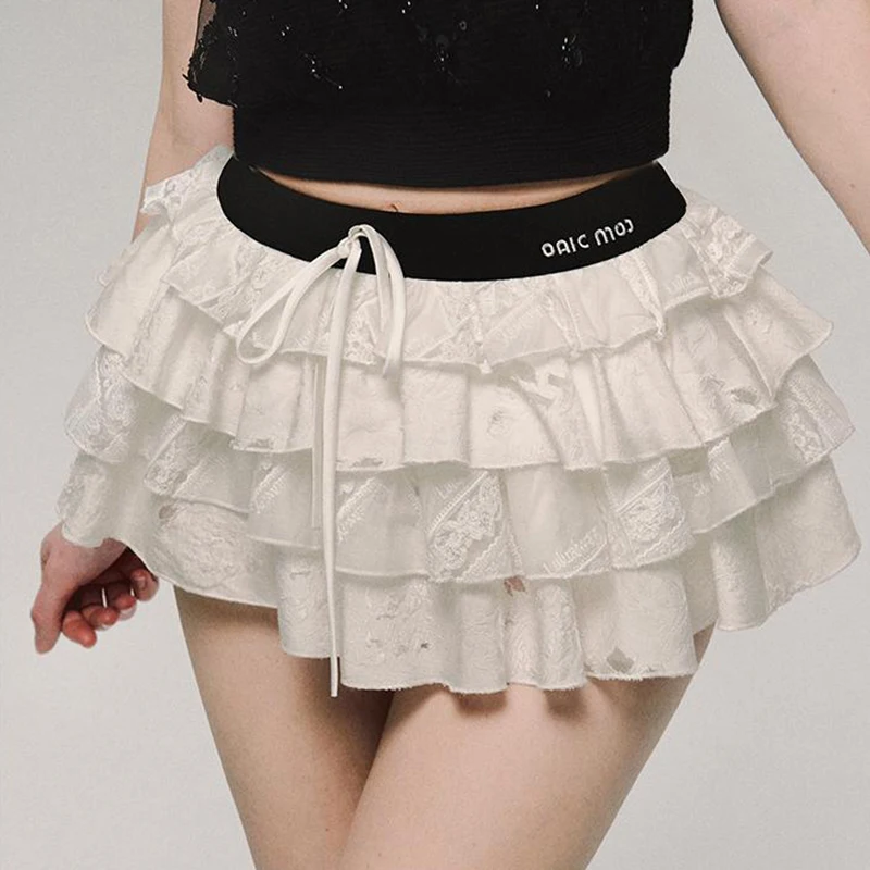 HOUZHOU Y2K White Mini Skirt Women Fashion 2024 Vintage Cute Low Rise Patchwork Lace-up Sexy Ruffle MiniSkirt Hotsweet Coquette