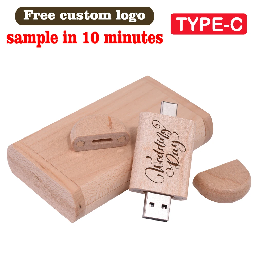 Holz-USB-Stick 128GB Hochzeitsgeschenk Speicherstick 64GB Kostenloser individueller Logo-Druck USB-Stick 32GB TYPE-C USB 2 IN 1 Pendrive 16GB 8GB