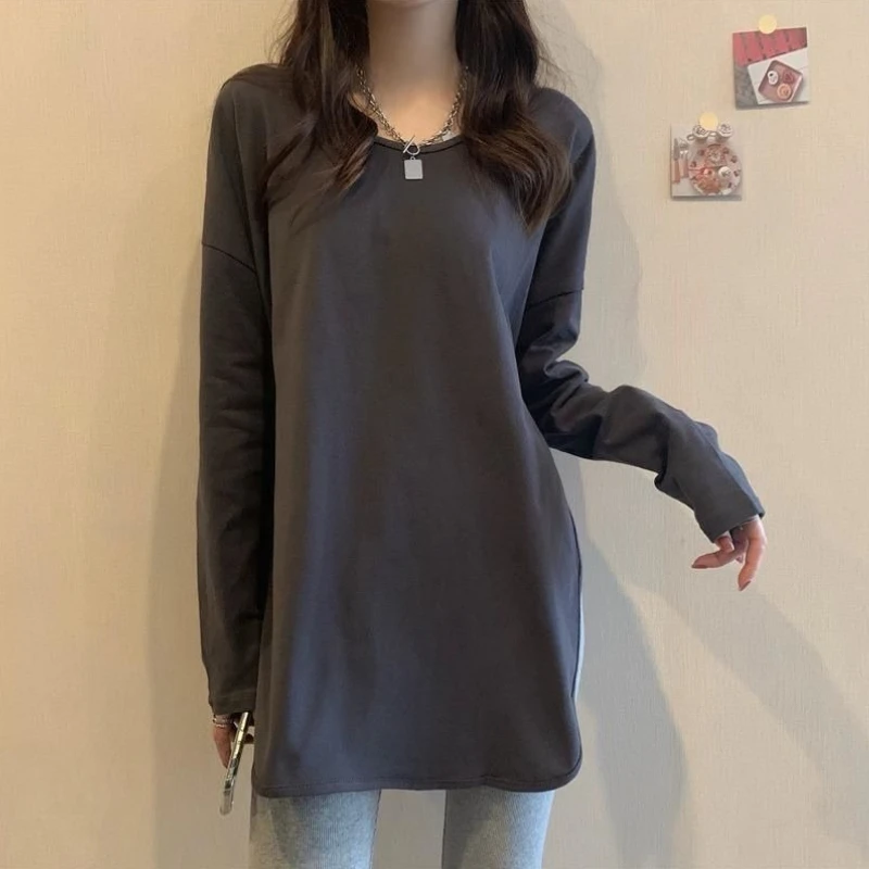Women Long Sleeve Tunic Top Black Solid Color Loose Side Slit Casual Tshirt Spring Autumn Tummy Control Midi Layering Tee