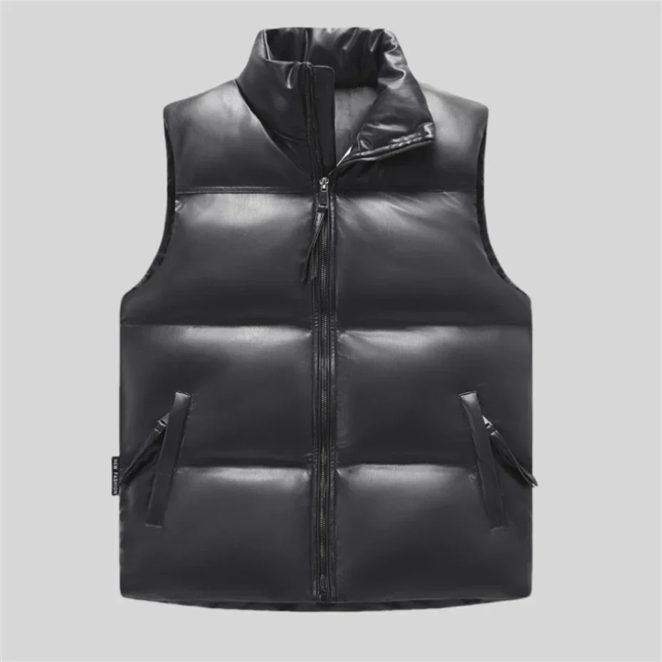 

Padded Coat Windproof PU Leather Vest for Men Zipper Warm Thicken Waistcoat Thick Gilet Bread Jacket Winter Sleeveless Jacket