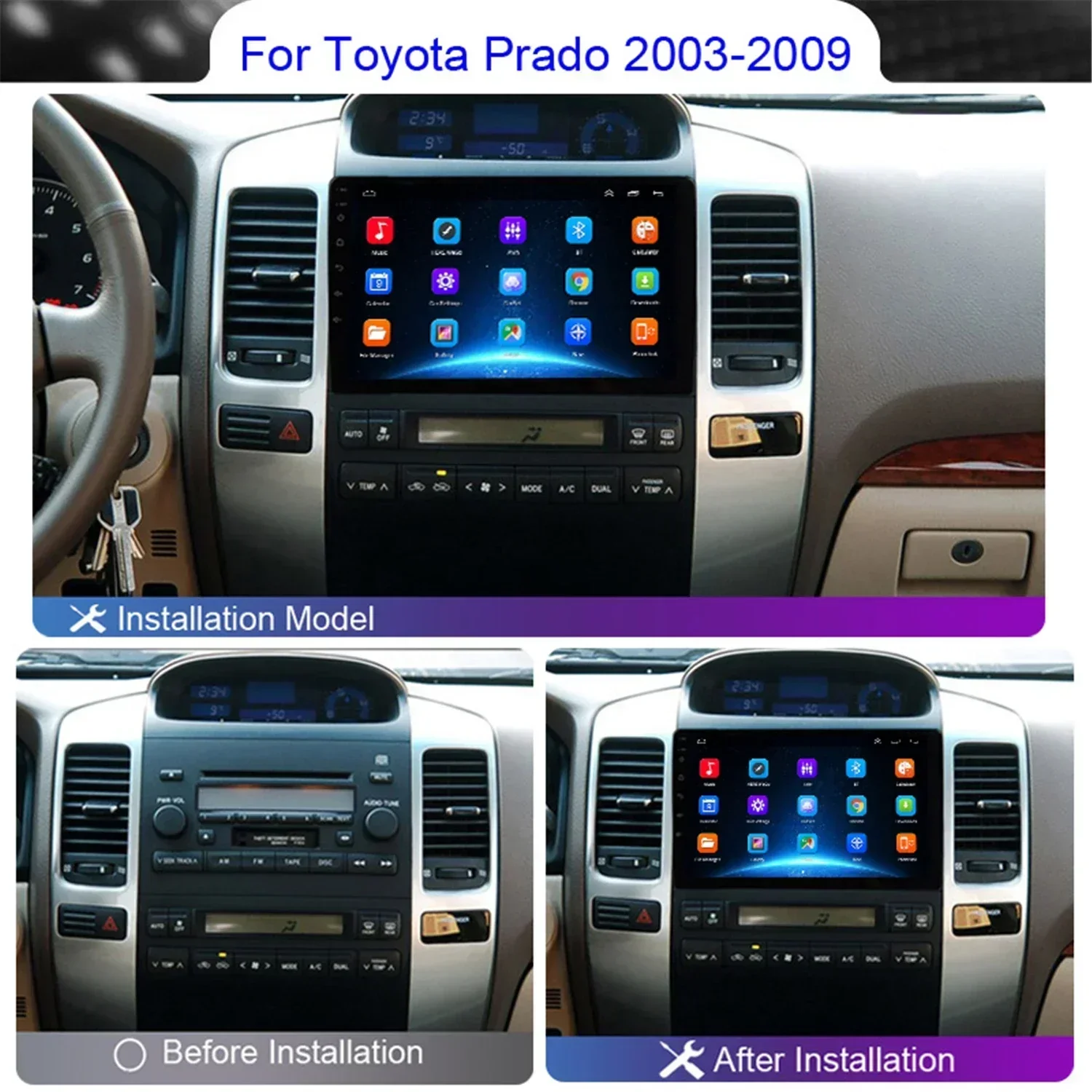 for Toyota Land Cruiser Prado 120 LC120 2003 - 2009 2 Din Android 13 Car Radio Multimedia Player Carplay 4G GPS Stereo Head Unit