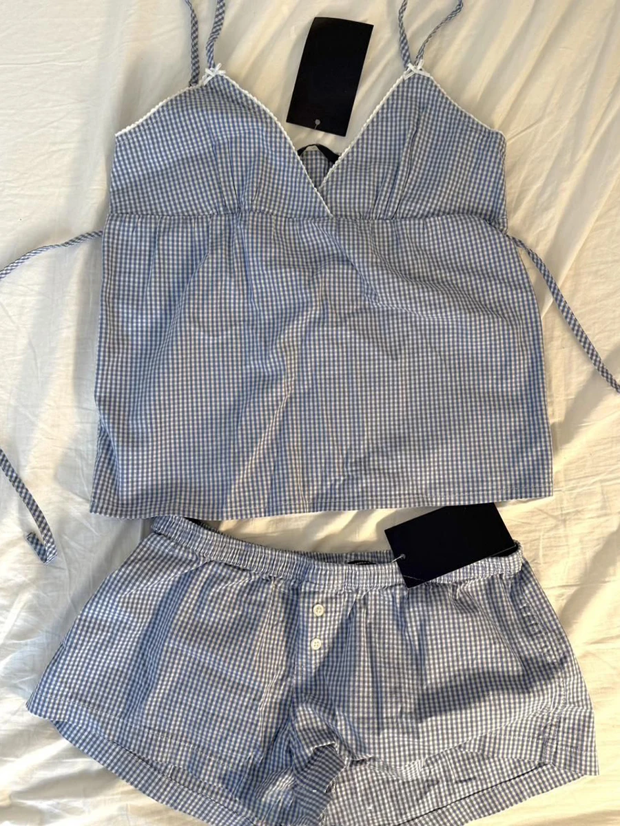 

Blue Plaid Tank Shorts Set Woman Back Lace-up Bow Lace Trim V-neck Camis+Buttons Sweatshorts Sweet Home Cotton 2 Piece Sets Y2k