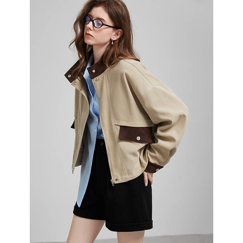 TOYOUTH Women Jacket 2025 Spring New Melad Contrasting Color Stand Collar Casual Workwear Style Short Jacket Tops