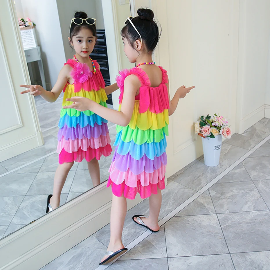 Girls Dress Rianbow Color Dress For Kids Girl Sleeveless Children Dresses Summer Costumes For Girls 6 8 10 12 14