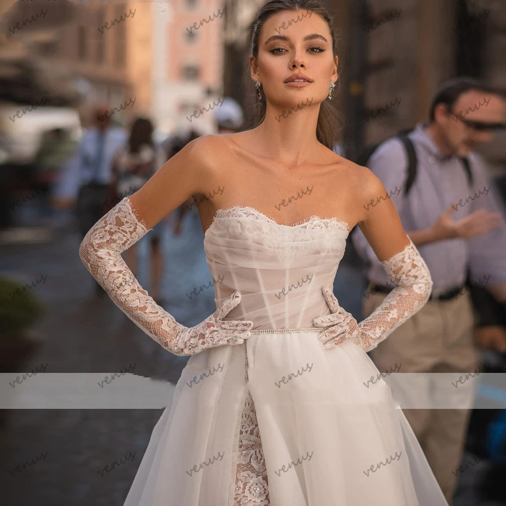 Nowoczesne suknie ślubne Linia A Illusion suknie ślubne bez ramiączek seksowne szaty na formalne przyjęcie wysokie rozcięcie Backless Vestidos De Novia