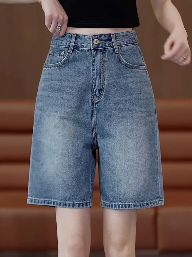 

High Waist Wide Leg Thin Denim Jeans Women's Summer Loose Slimming Short Pants Casual Style Cotton Stretch Denim Skinnies