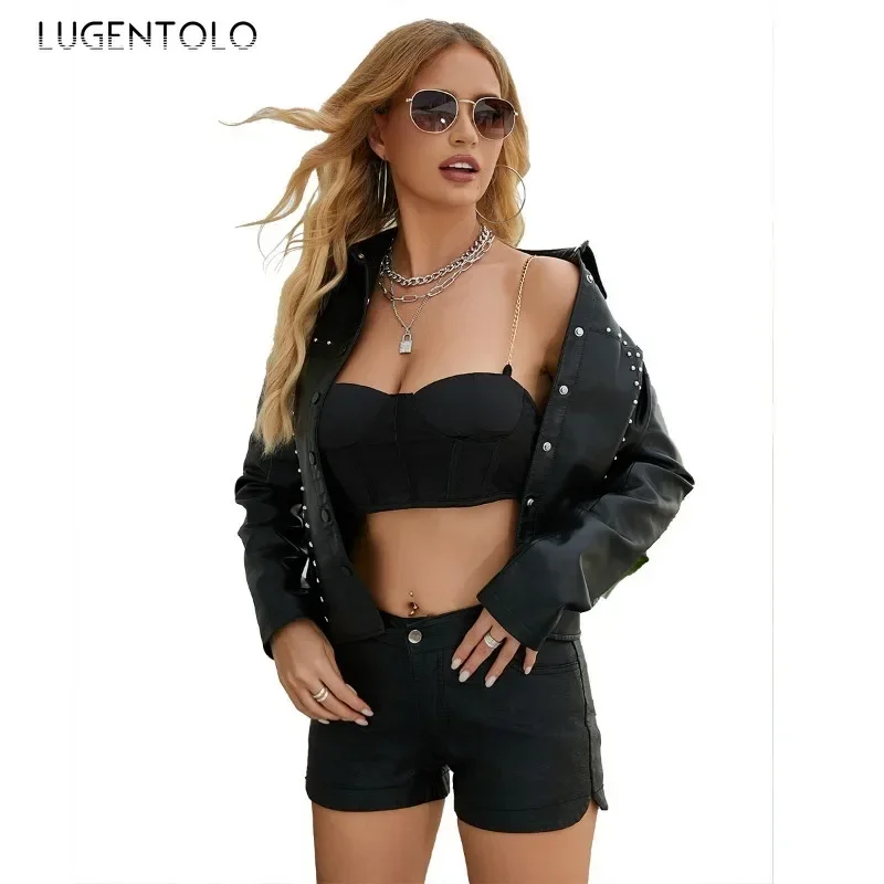 Mulheres jaqueta do plutônio outono novo couro falso clássico casaco de motociclista único breasted recortado lapela rebite cardigan topos moda rua wear