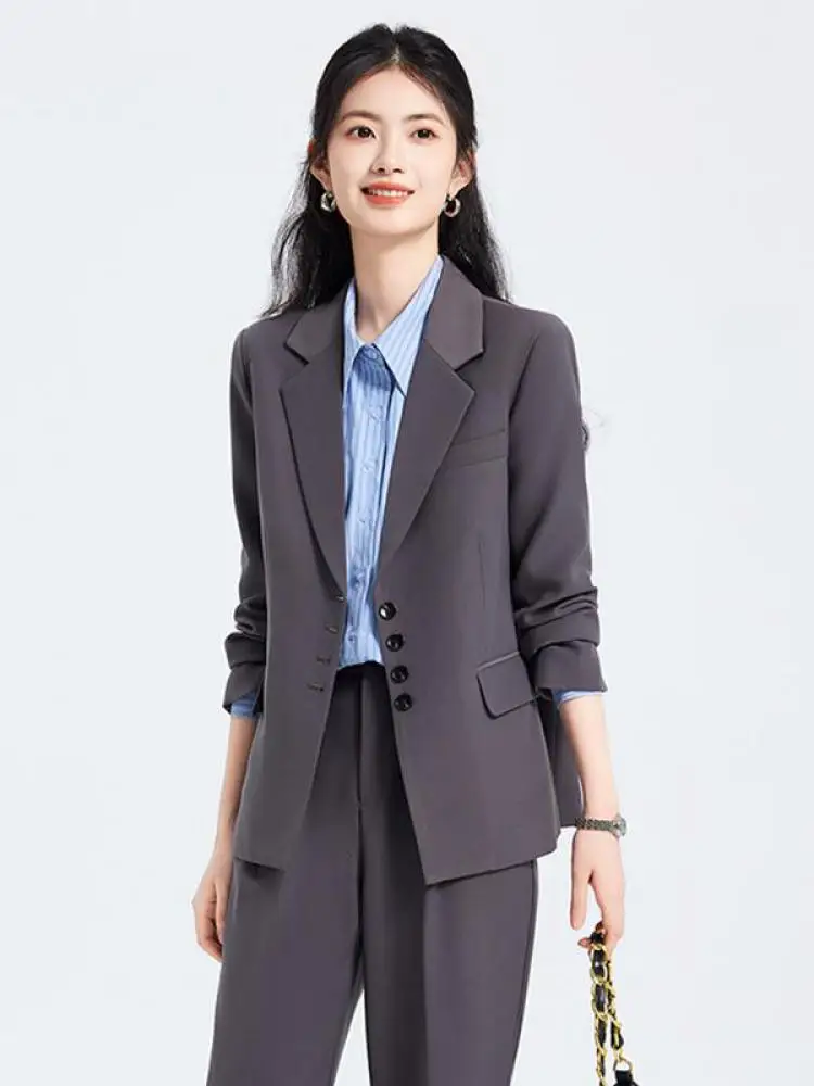 Autunno Inverno Donna 2025 Nuovo Nero Grigio Elegante Abbigliamento da lavoro da ufficio Maniche lunghe Blazer Cappotto + Pantaloni professionali Set da due pezzi