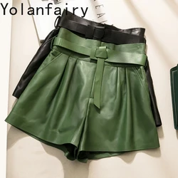 Genuine Sheepskin Leather Shorts for Women 2024 Summer Female High Waist Shorts Wide Leg Short Ladies Ropa Mujer Zjt2403