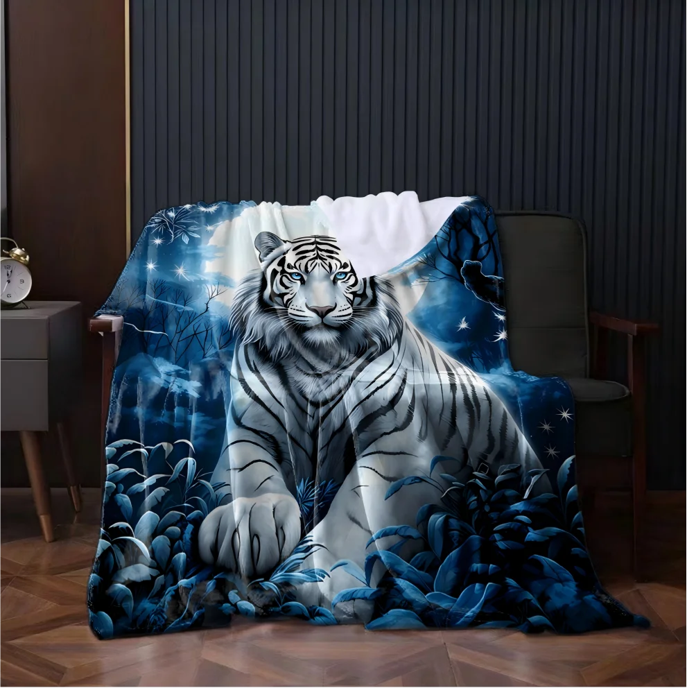1PC White Tiger with Moon Arts Animal Blanket Flannel Thin Blankets for Home Office Travel Camping Perfect Gifts Four Season Use