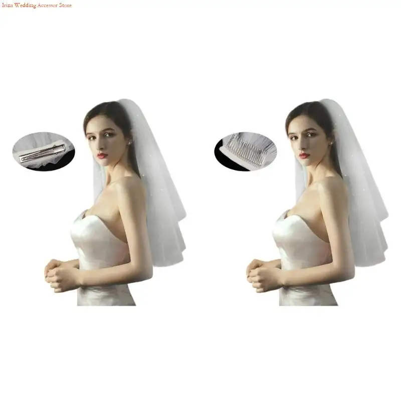 G92D Elegant Double Layer Tulle Bridal Veil with Beadwork For Wedding Ceremony And Receptions Photography Headwear Accessory