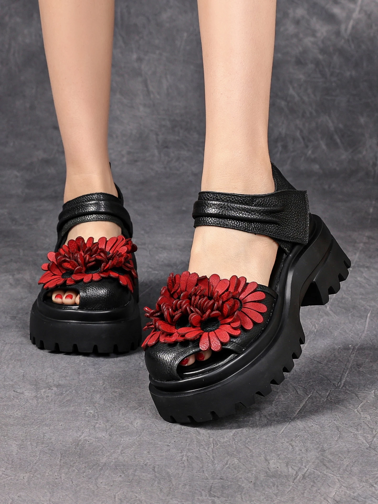 Birkuir Retro Flowers Thick Heel Sandals For Women Hook Loop Summer 7cm High Heel Slides Luxury Platform Open Toe Sandals Shoes