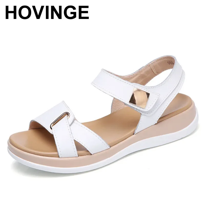 

HOVINGE Women sandals summer genuine leather flat sandals ankle strap Platform sandals ladies sexy white wedge