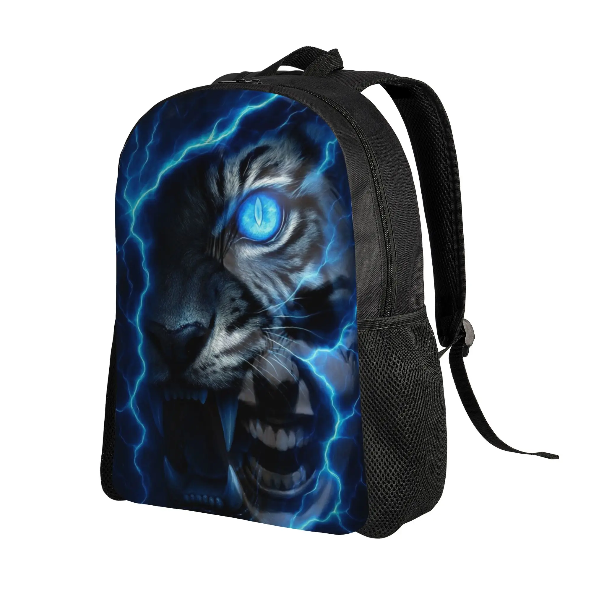 Back to school season Blue Lightning Tiger Face Dark Art Rucksack  Male Lady Personalised Backpack