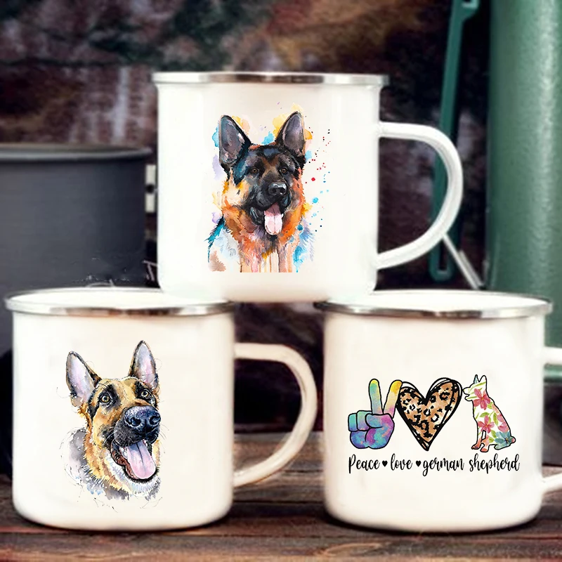 German Shepherd Printed Creative Enamel Coffee Tea Mugs Camping Adventure Beer Drink Juice Cups Handle Mug Gifts for Dog Lovers